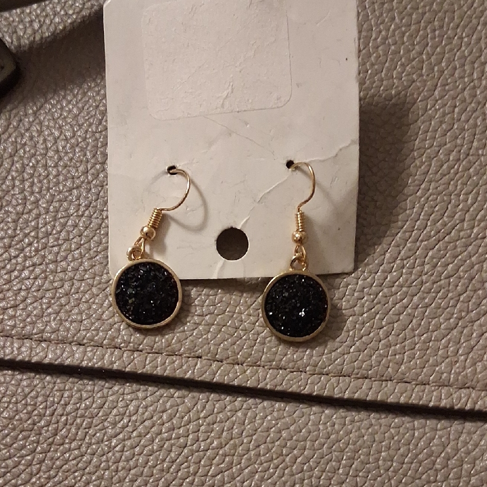 Gold Drop Earrings with Black Druzy Discs